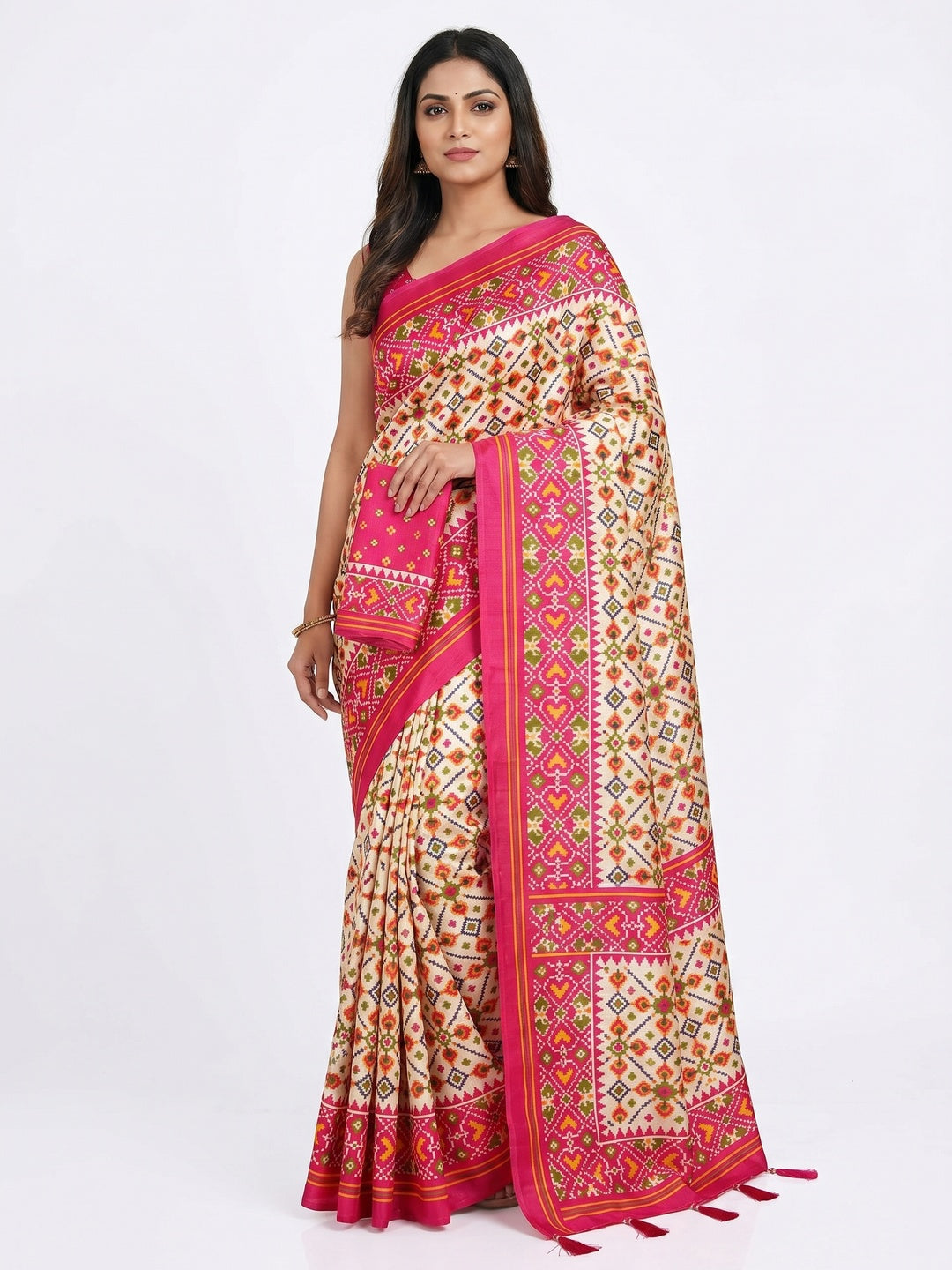 Off White Patola Printed Tussar Silk Saree With Tassels - Image 1