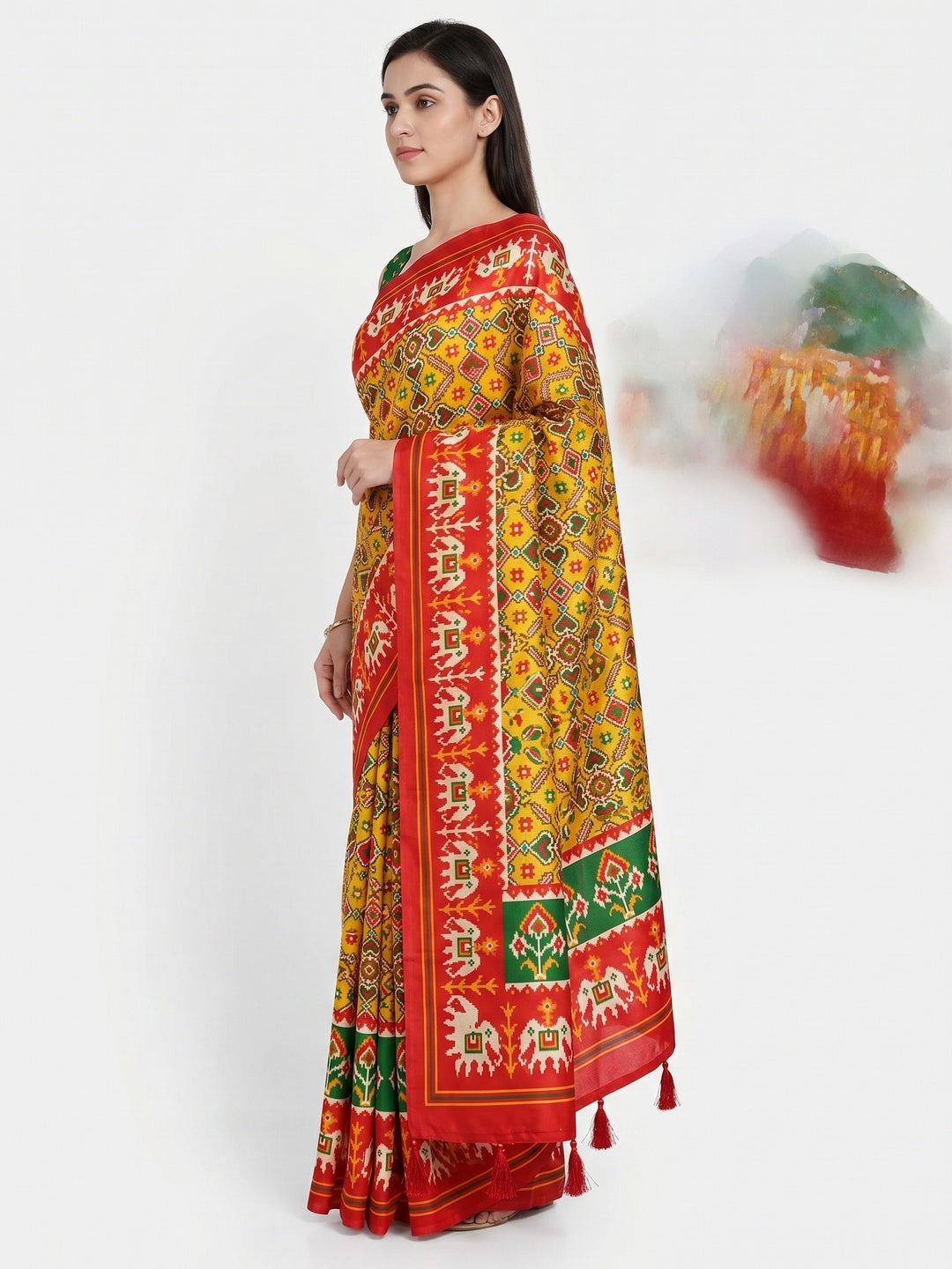 Yellow Patola Printed Tussar Silk Saree With Tassels - Image 3
