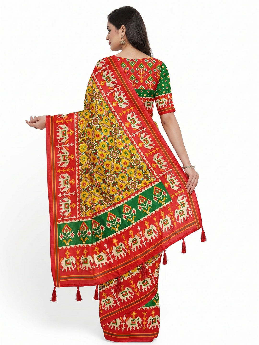 Yellow Patola Printed Tussar Silk Saree With Tassels - Image 2