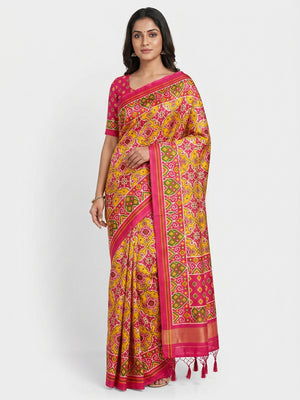 Yellow & Pink Patola Printed Tussar Silk Saree With Tassels - Image 1