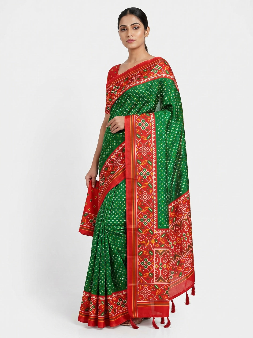 Green Patola Printed Tussar Silk Saree With Tassels - Image 1