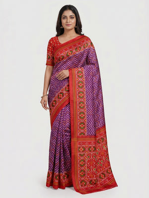 Purple & Red Patola Printed Tussar Silk Saree With Tassels - Image 1
