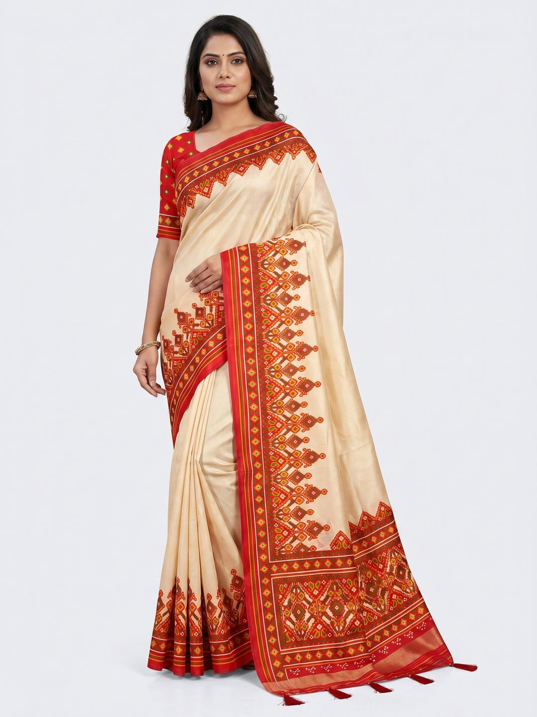 Cream Patola Printed Tussar Silk Saree With Tassels - Image 1