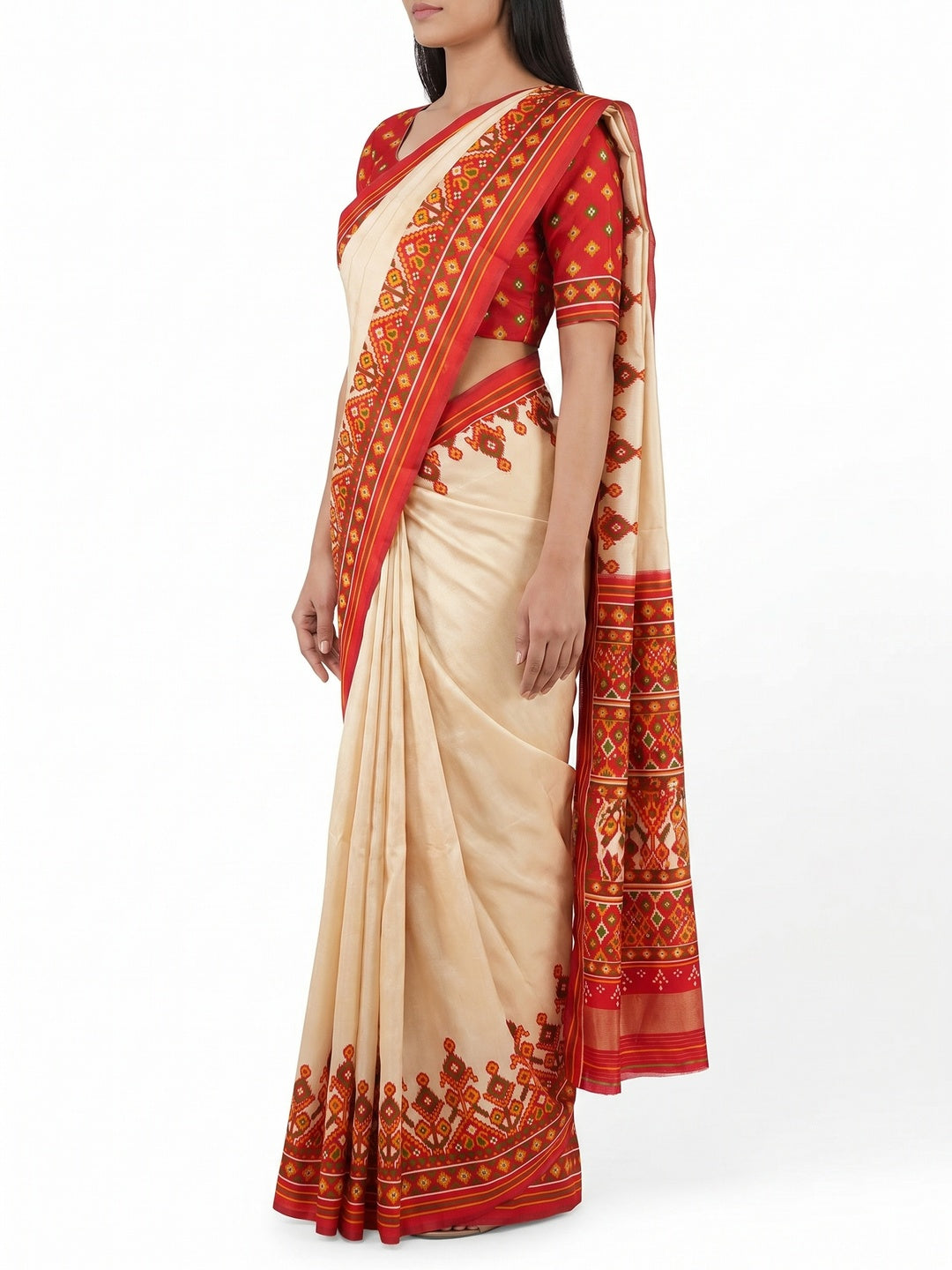 Cream Patola Printed Tussar Silk Saree With Tassels - Image 3