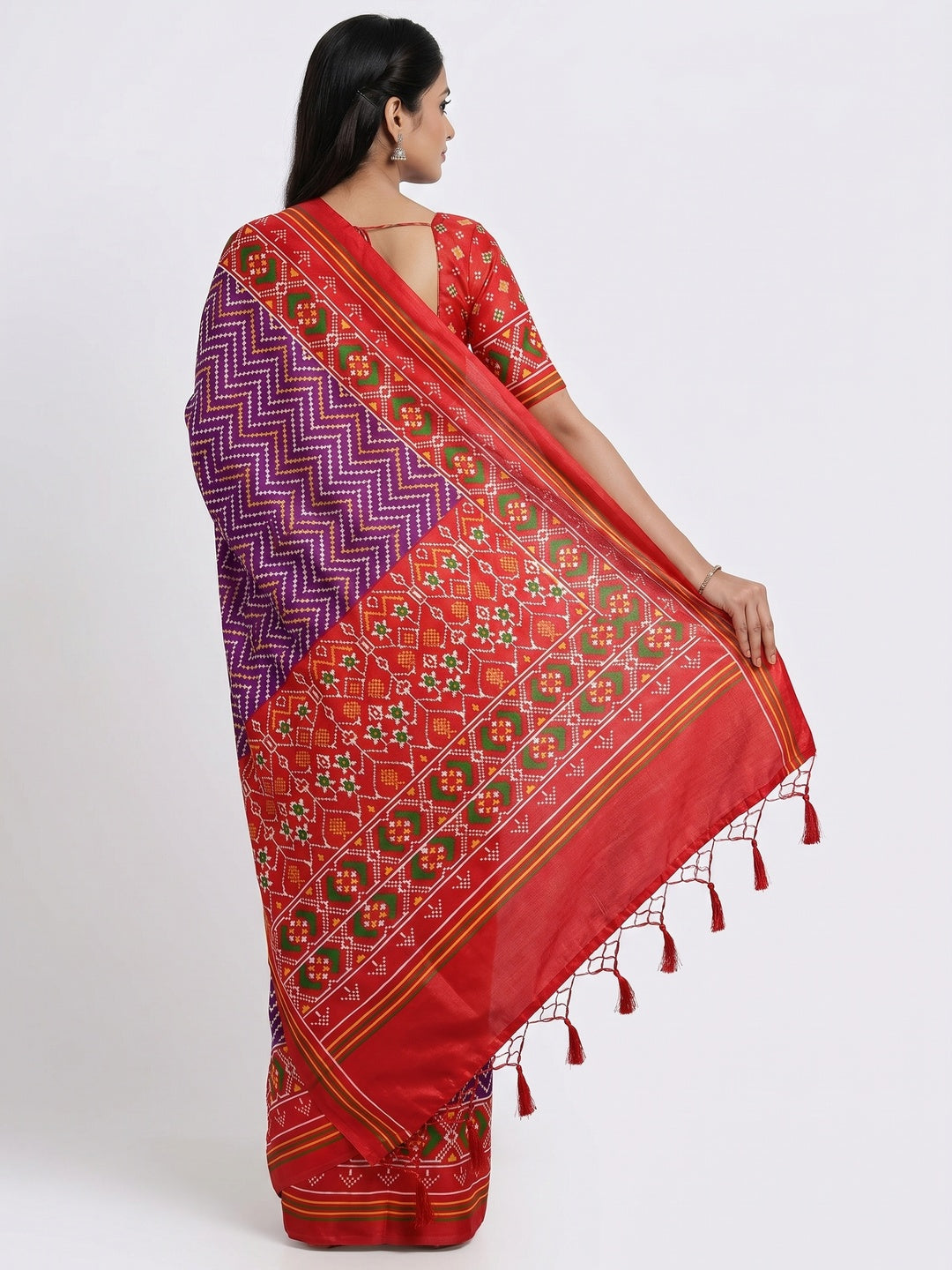 Purple & Red Patola Printed Tussar Silk Saree With Tassels - Image 3