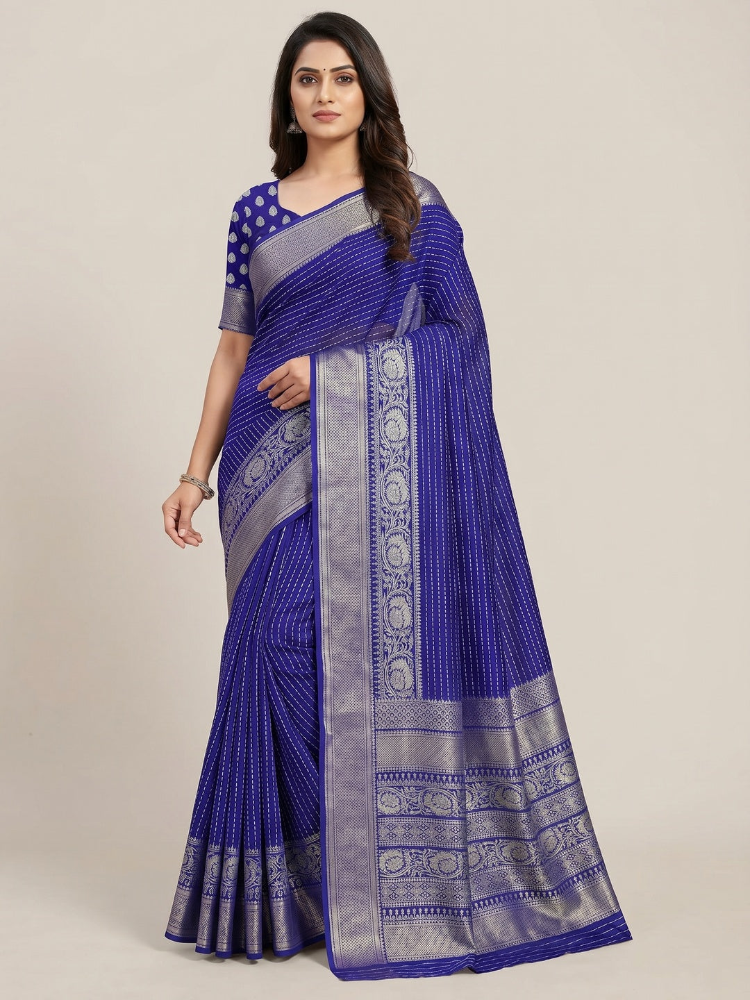 Navy Blue Printed Dola Silk Saree With Jacquard Border - Image 1