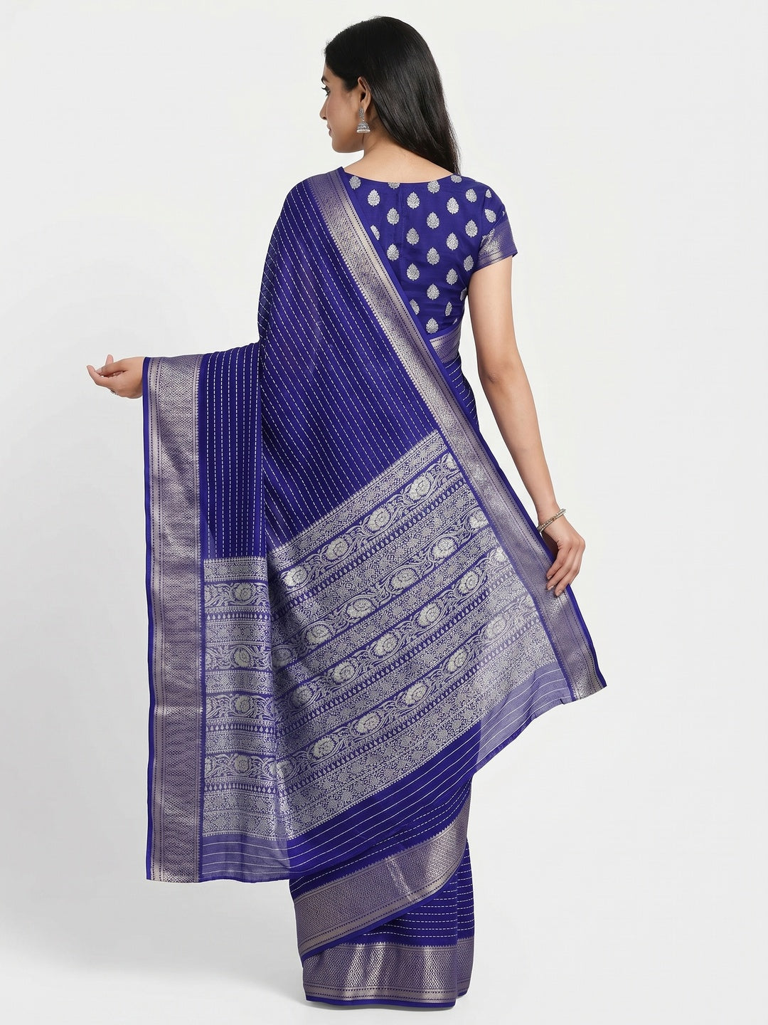 Navy Blue Printed Dola Silk Saree With Jacquard Border - Image 2