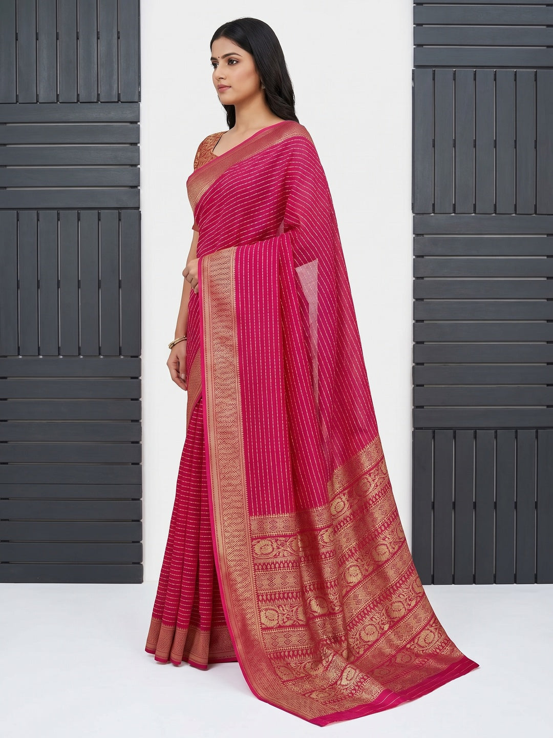 Magenta Printed Dola Silk Saree With Jacquard Border - Image 2