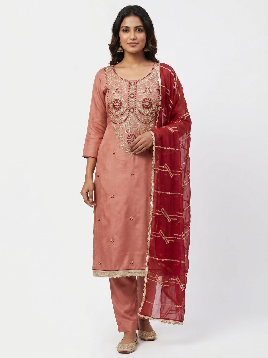 Dark Peach Embroidered Viscose Dress Material - Image 1