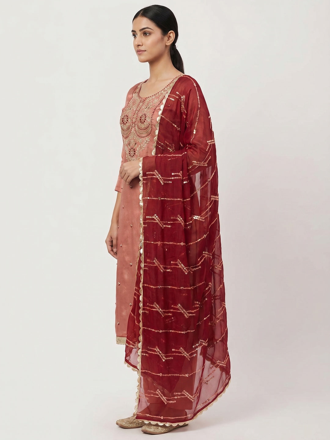 Dark Peach Embroidered Viscose Dress Material - Image 2