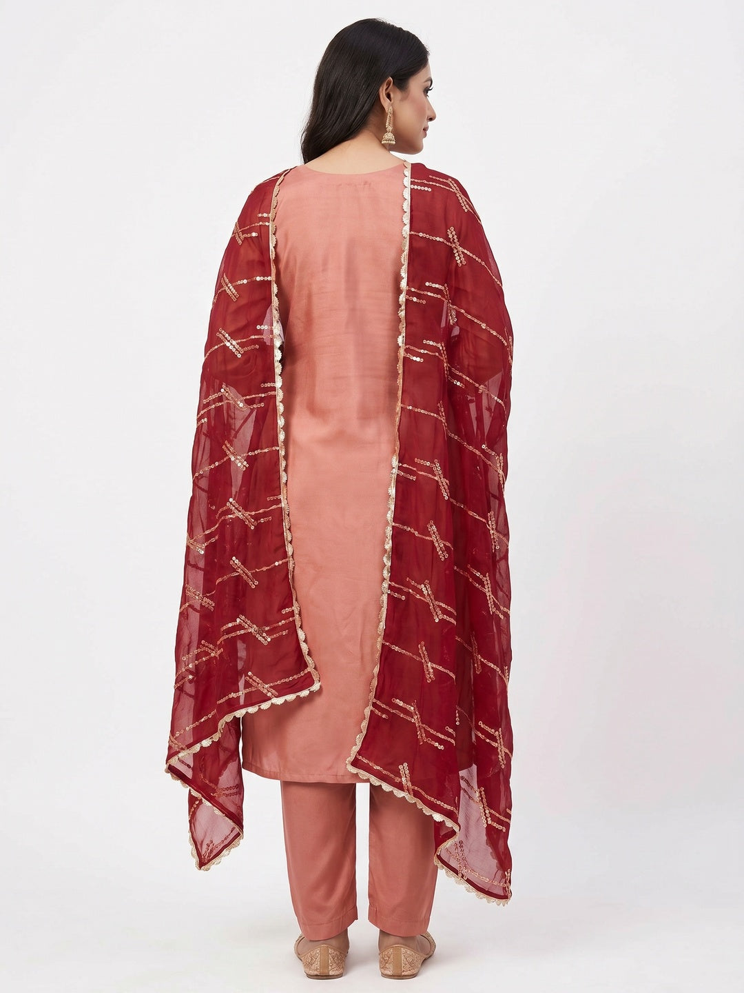 Dark Peach Embroidered Viscose Dress Material - Image 3