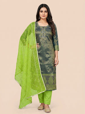 Dark Green Woven Banarasi Silk Dress Material - Image 1