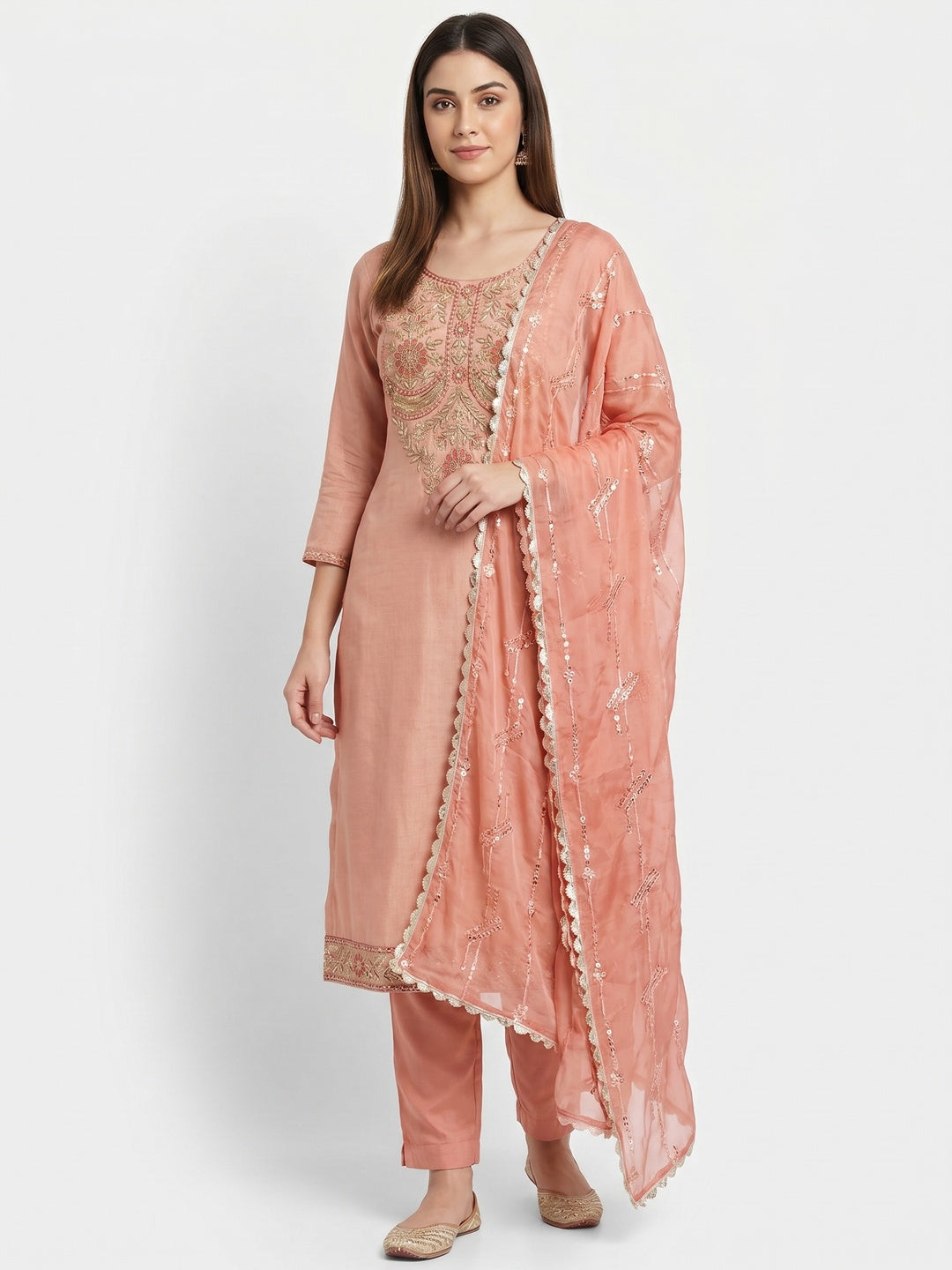 Peach Embroidered Viscose Dress Material - Image 1