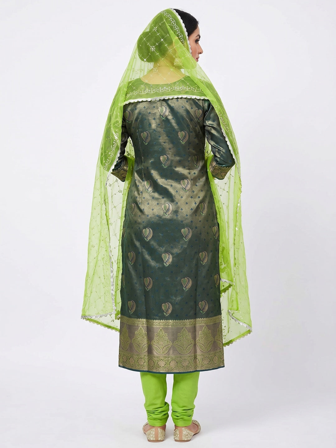 Dark Green Woven Banarasi Silk Dress Material - Image 3
