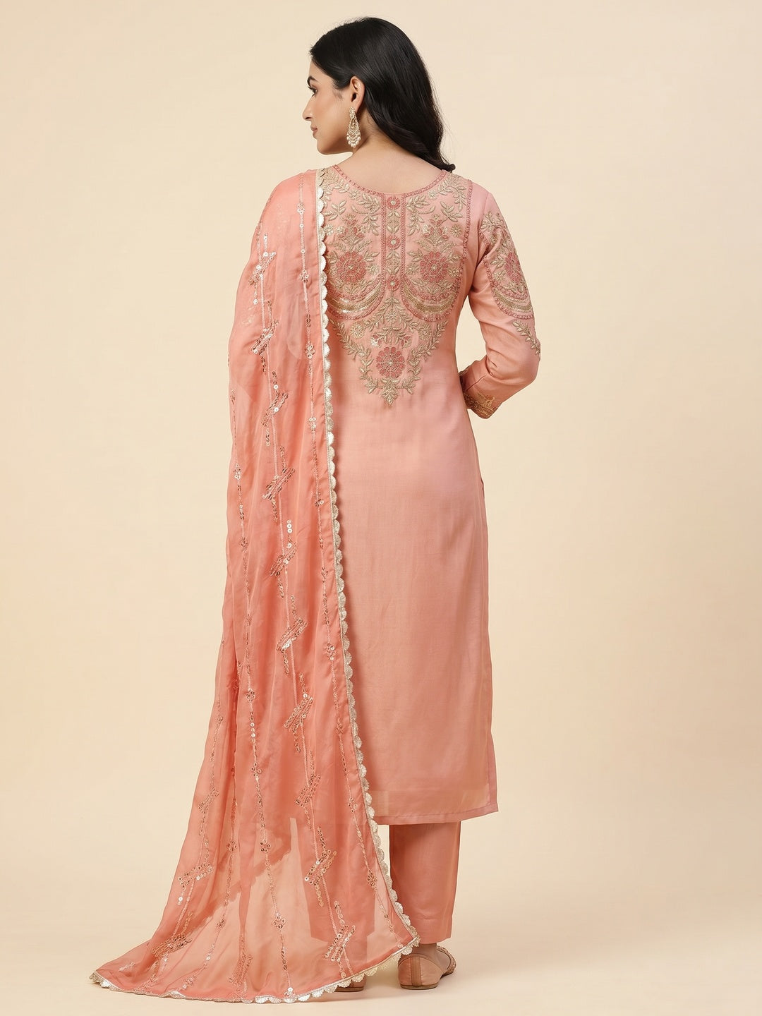 Peach Embroidered Viscose Dress Material - Image 2