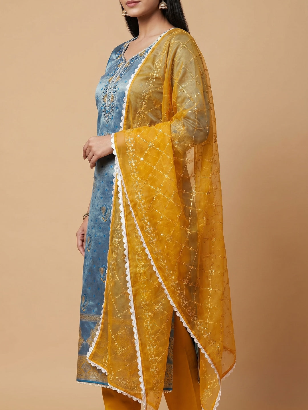 Blue Woven Banarasi Silk Dress Material - Image 2