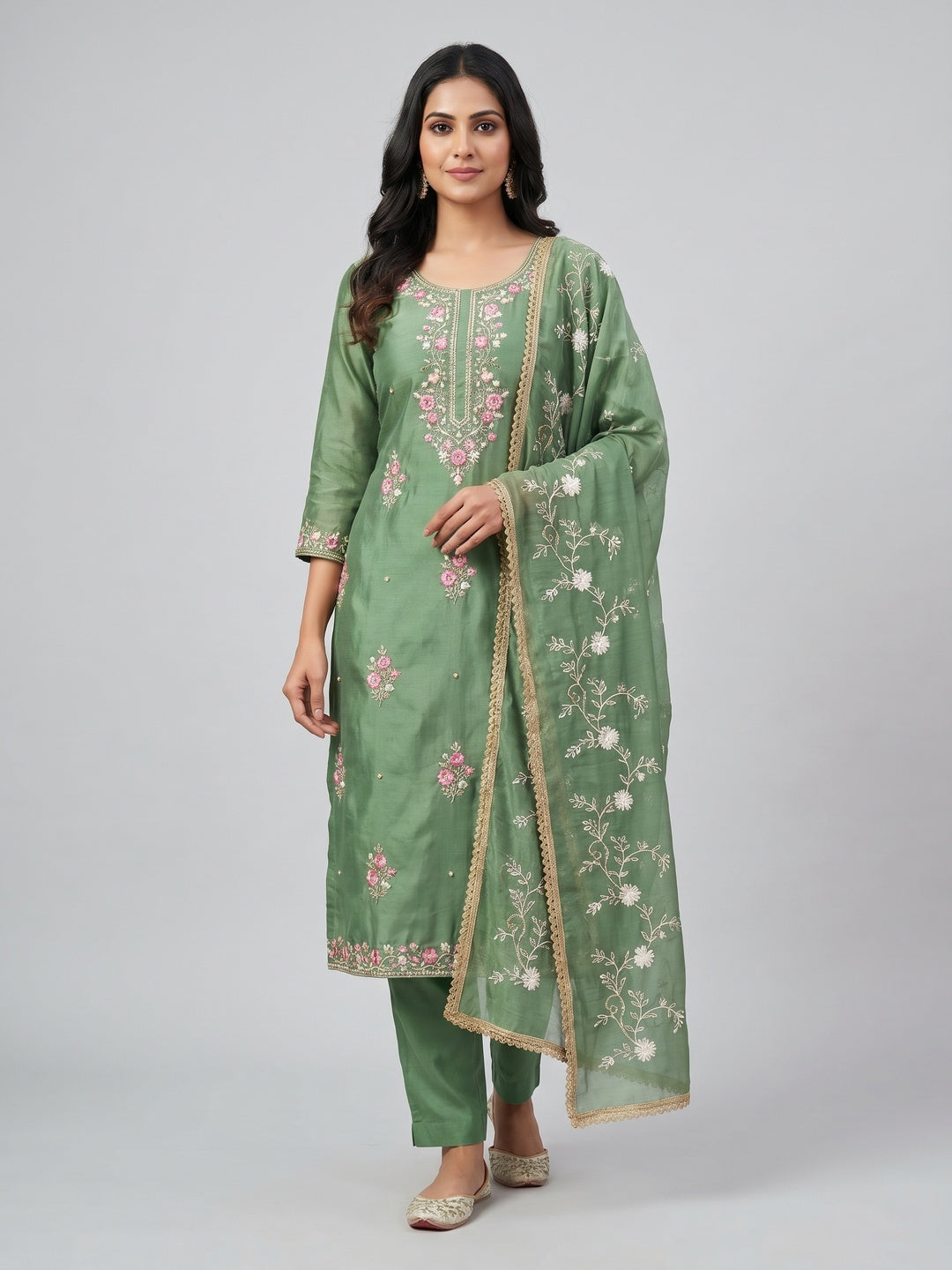 Green Woven Chanderi Silk Dress Material - Image 1