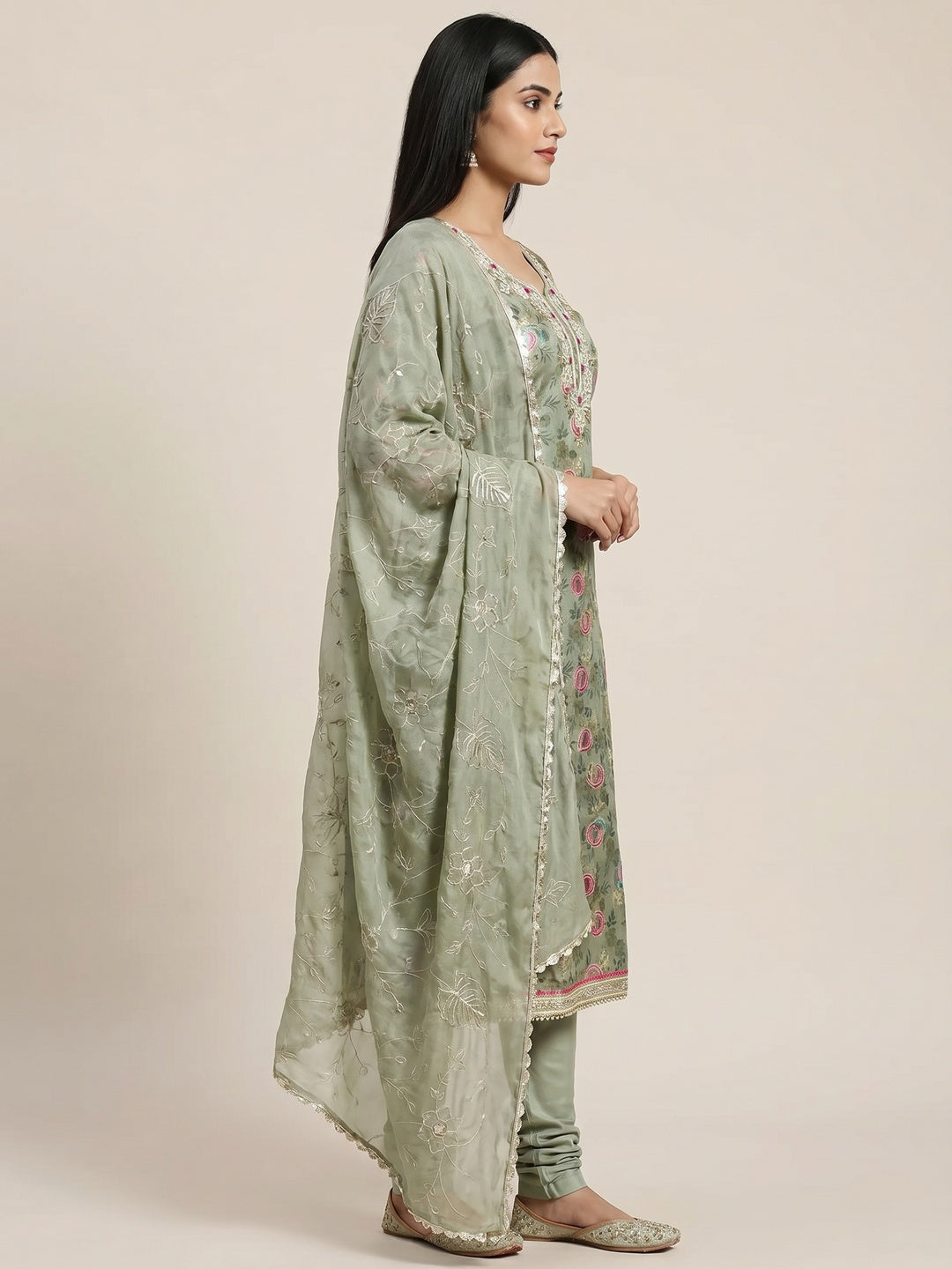 Green Woven Chanderi Silk Dress Material - Image 2