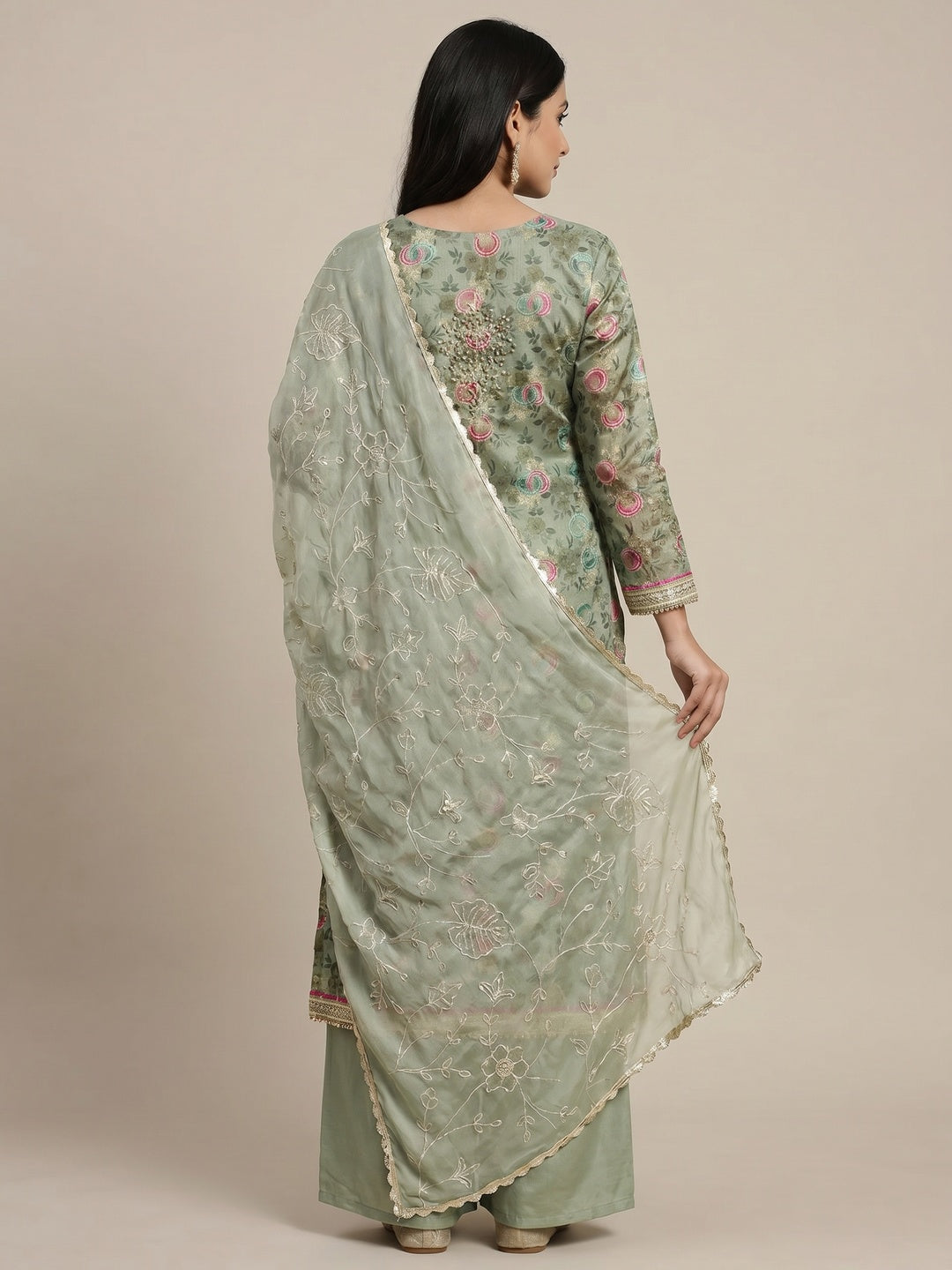 Green Woven Chanderi Silk Dress Material - Image 3
