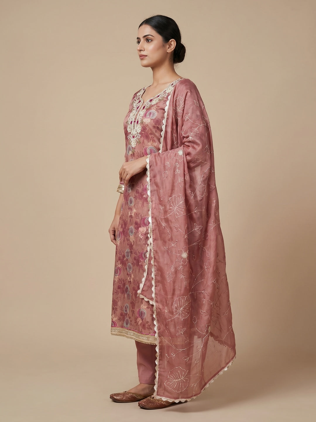 Mauve Woven Chanderi Silk Dress Material - Image 3