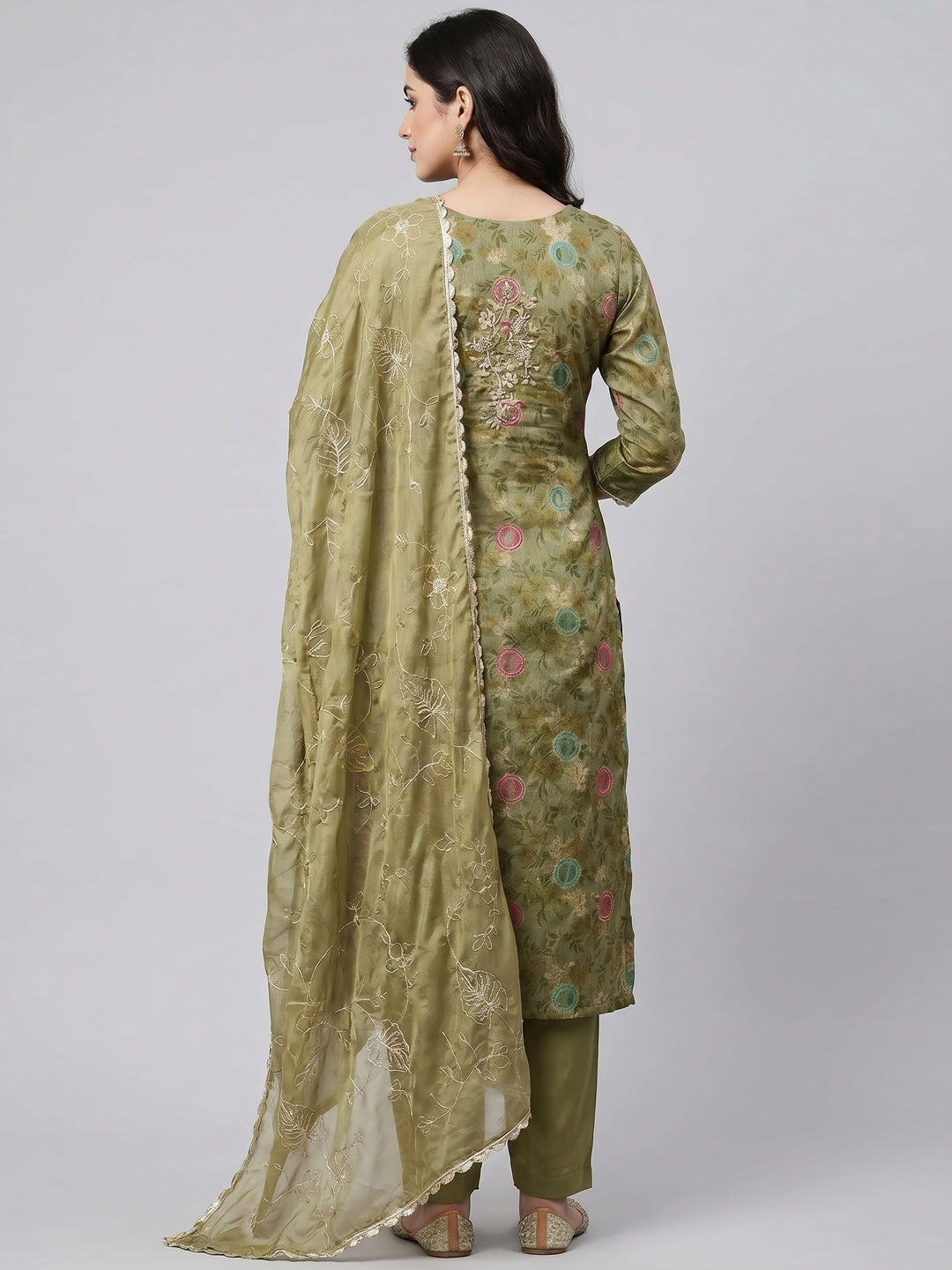 Mehandi Green Woven Chanderi Silk Dress Material - Image 3