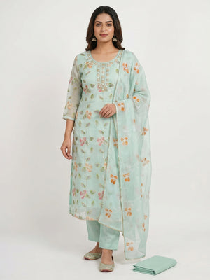 Sea Green Floral Printed Organza Dress Material - Image 1