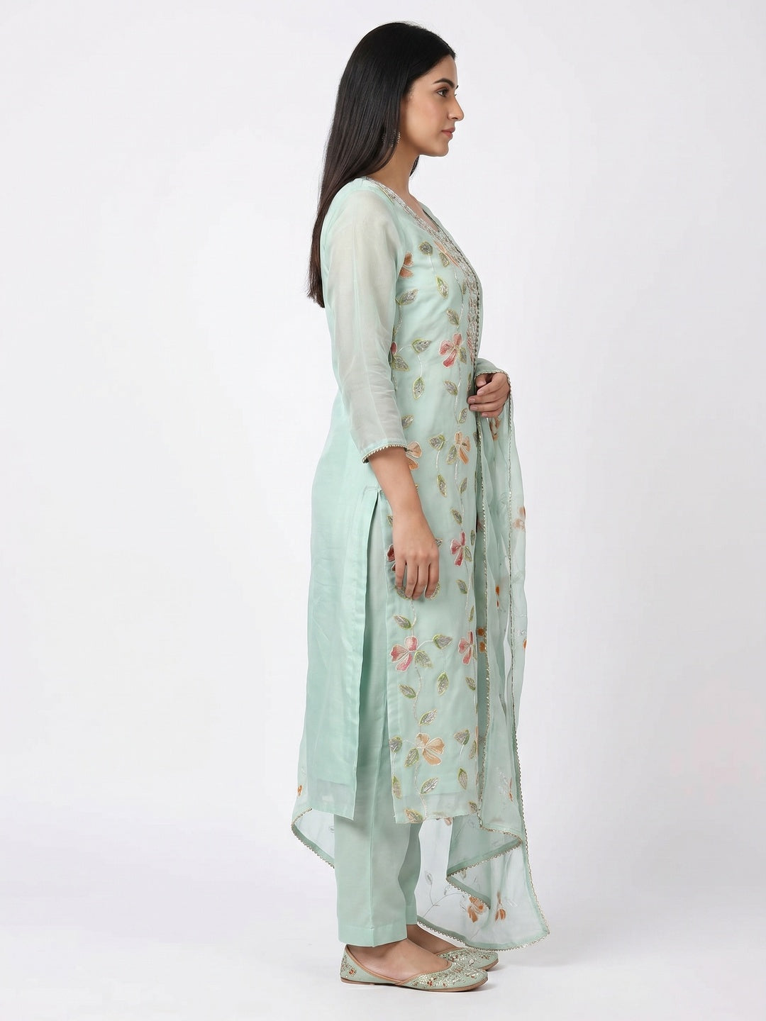 Sea Green Floral Printed Organza Dress Material - Image 3