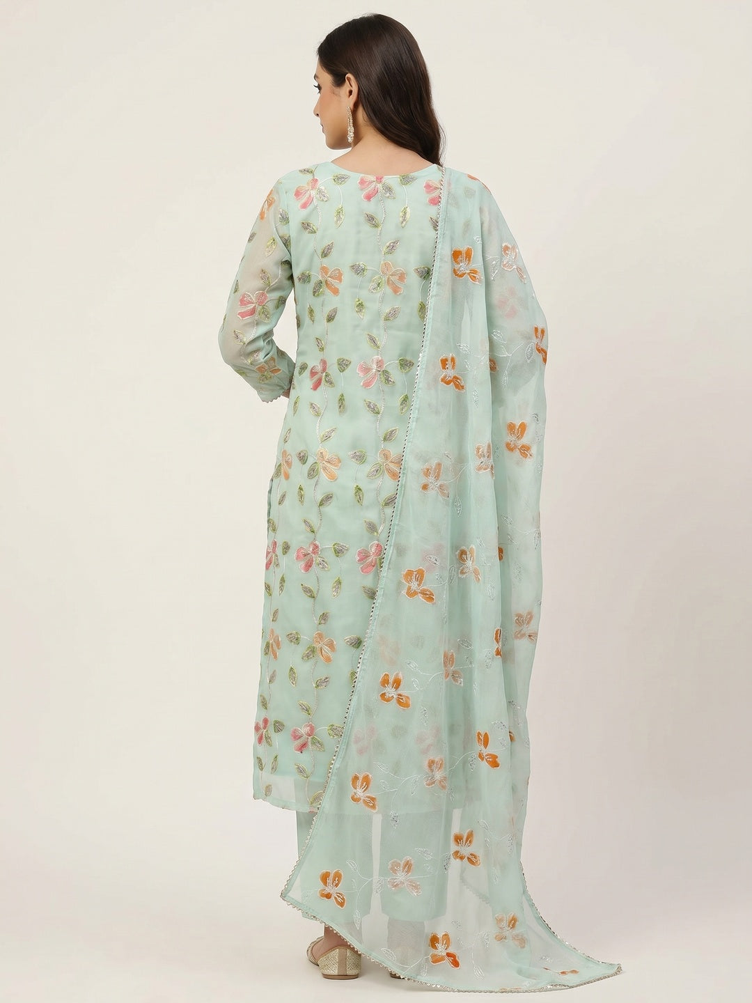 Sea Green Floral Printed Organza Dress Material - Image 2