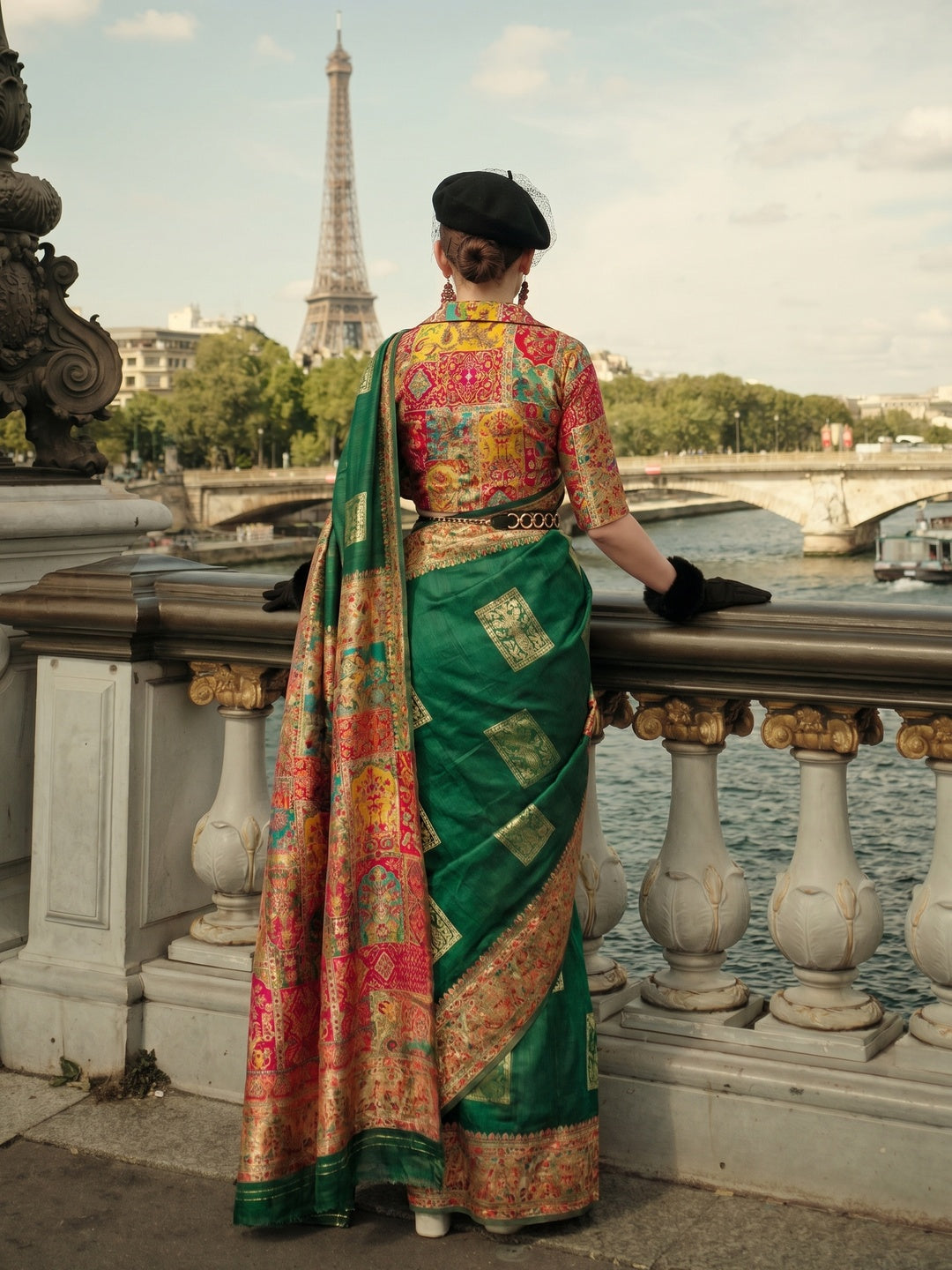 Dark Green Floral Embroidered Woven Chanderi Silk Saree - Image 1