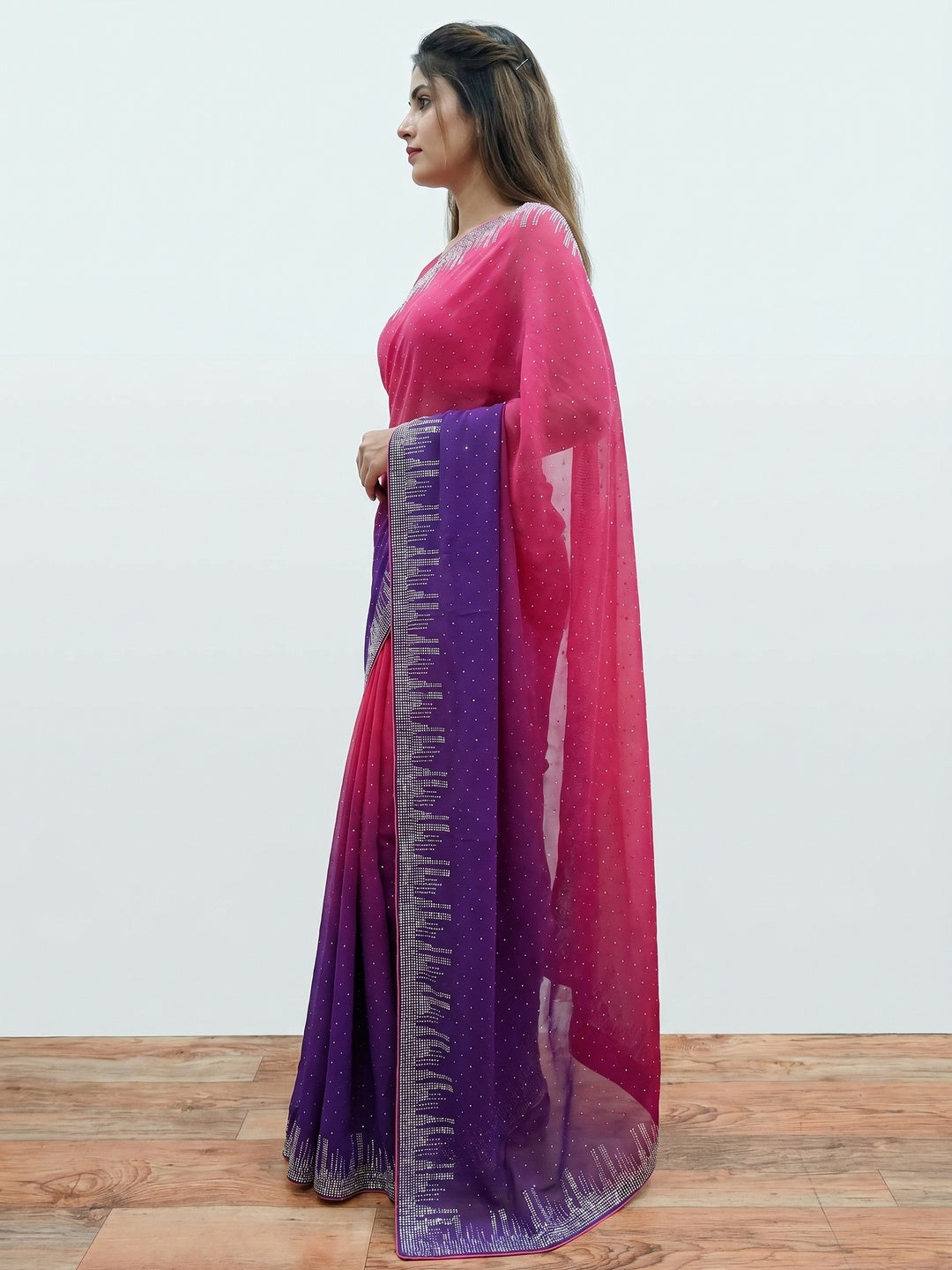 Pink & Purple Swarovski Work Georgette Saree - Image 3