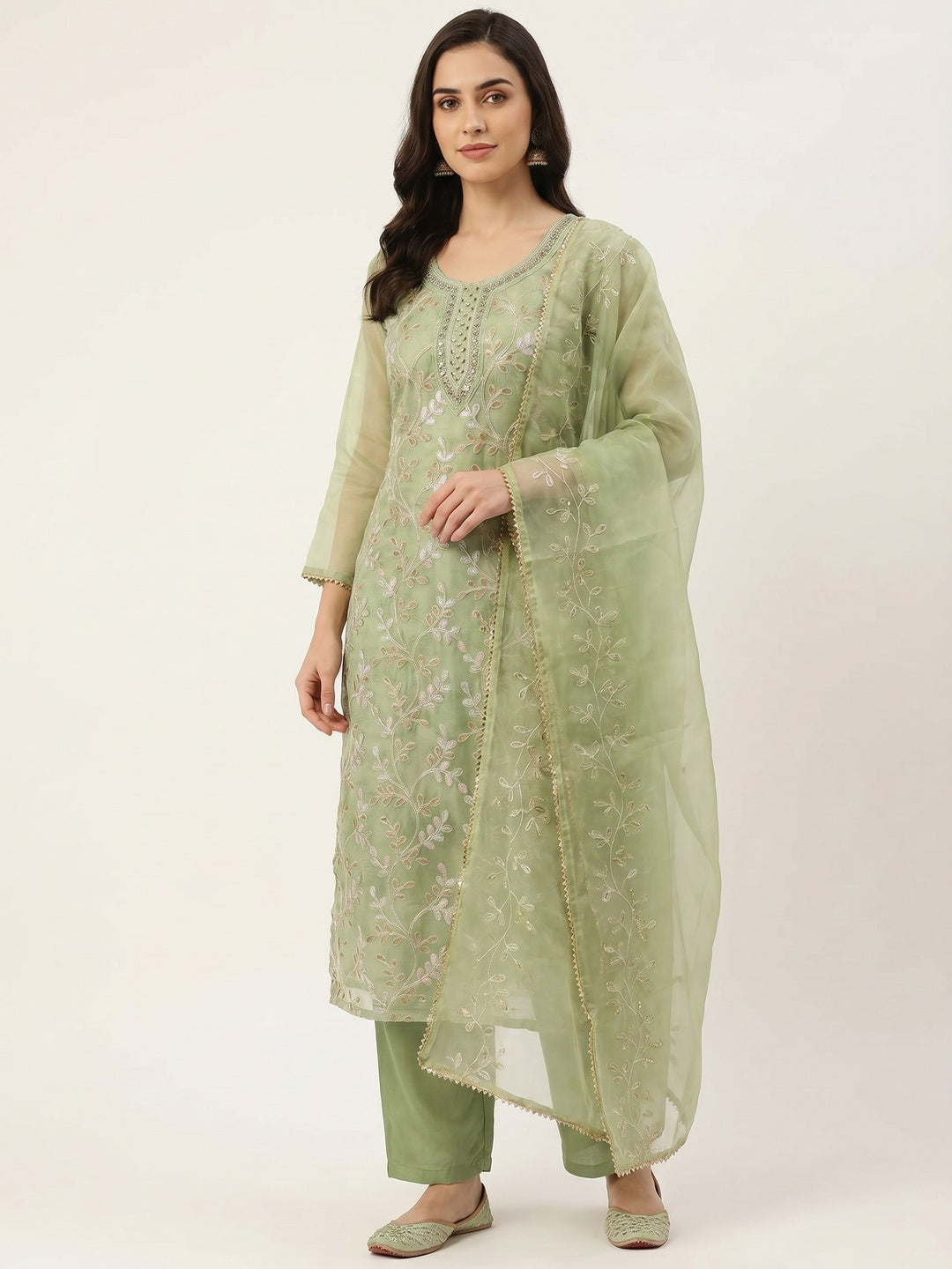 Green Embroidered Organza Dress Material - Image 1