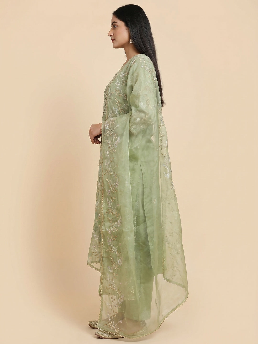 Green Embroidered Organza Dress Material - Image 2