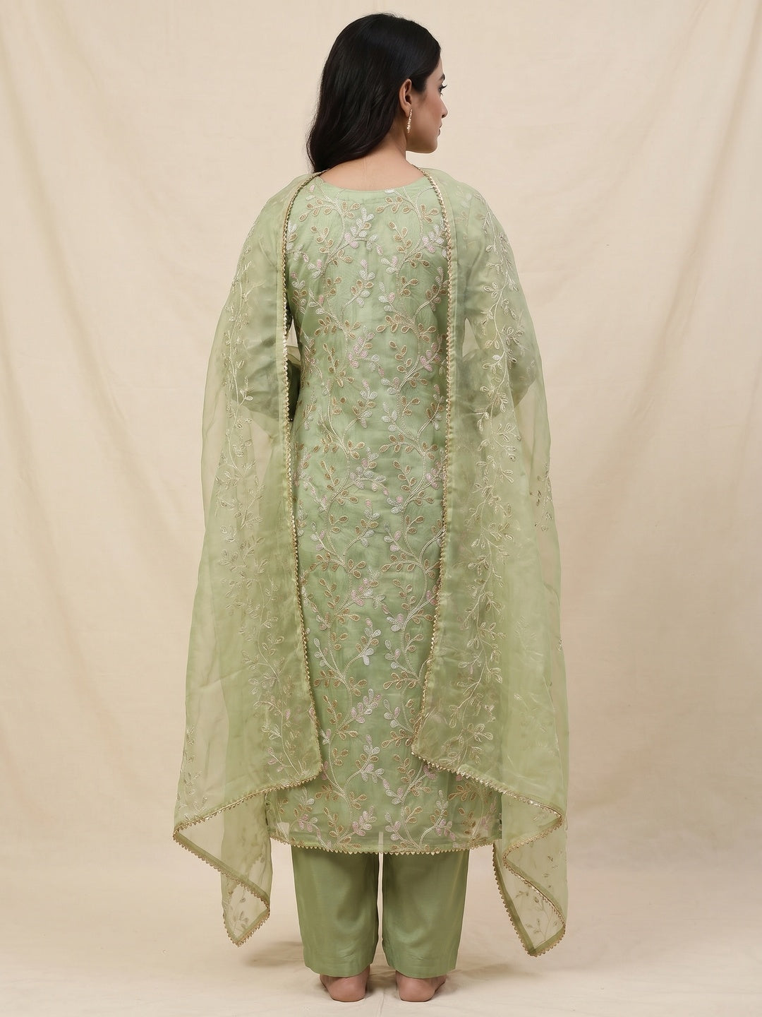 Green Embroidered Organza Dress Material - Image 3