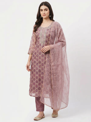 Mauve Printed Organza Dress Material - Image 1