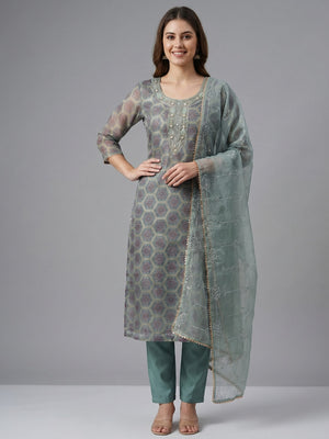 Grey Printed Organza Dress Material - Image 1