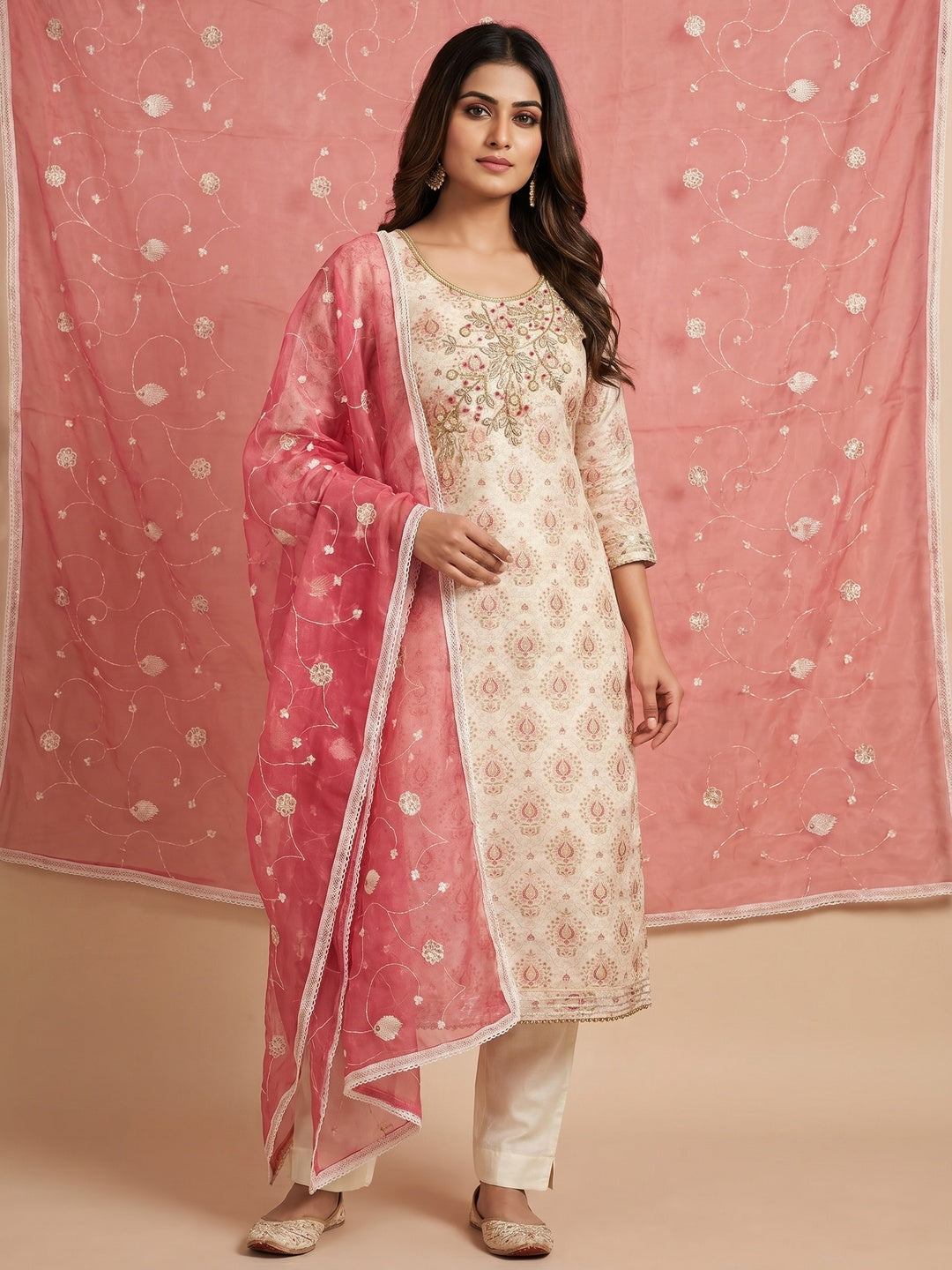 Off White & Gajri Pink Printed Chanderi Silk Dress Material - Image 1