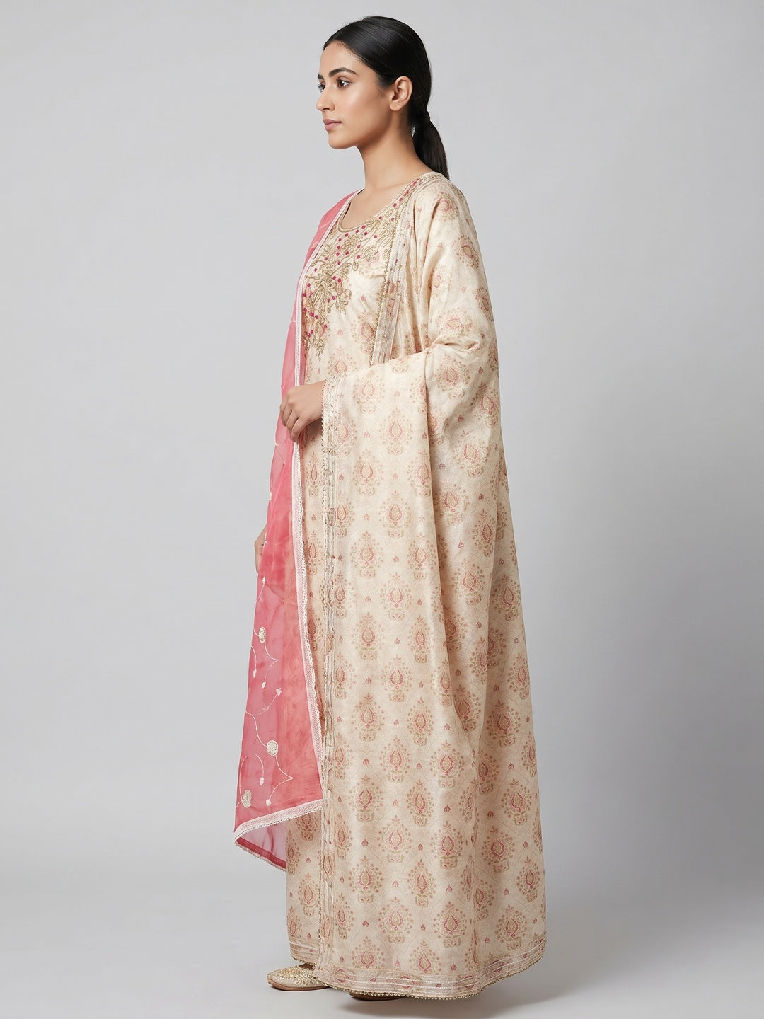 Off White & Gajri Pink Printed Chanderi Silk Dress Material - Image 2