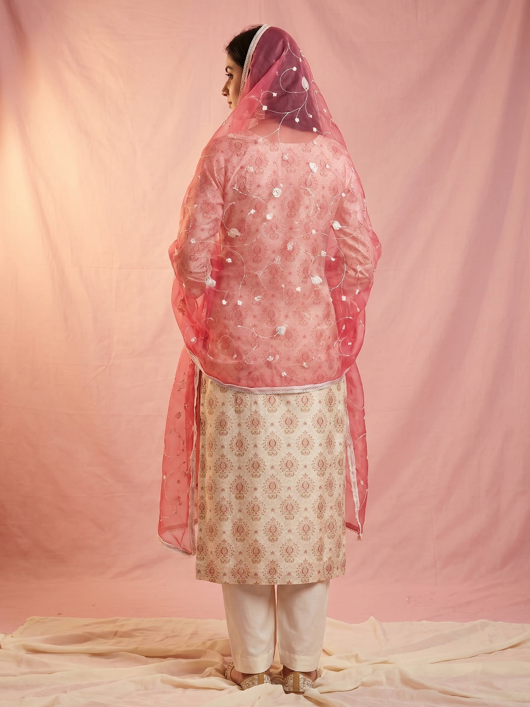 Off White & Gajri Pink Printed Chanderi Silk Dress Material - Image 3