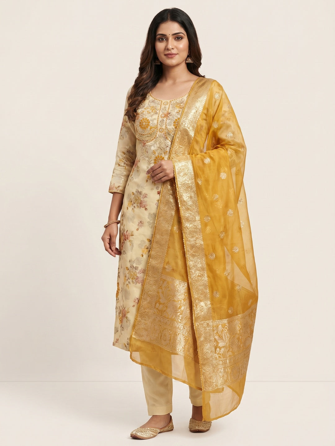Cream Floral Woven Banarasi Silk Dress Material - Image 1