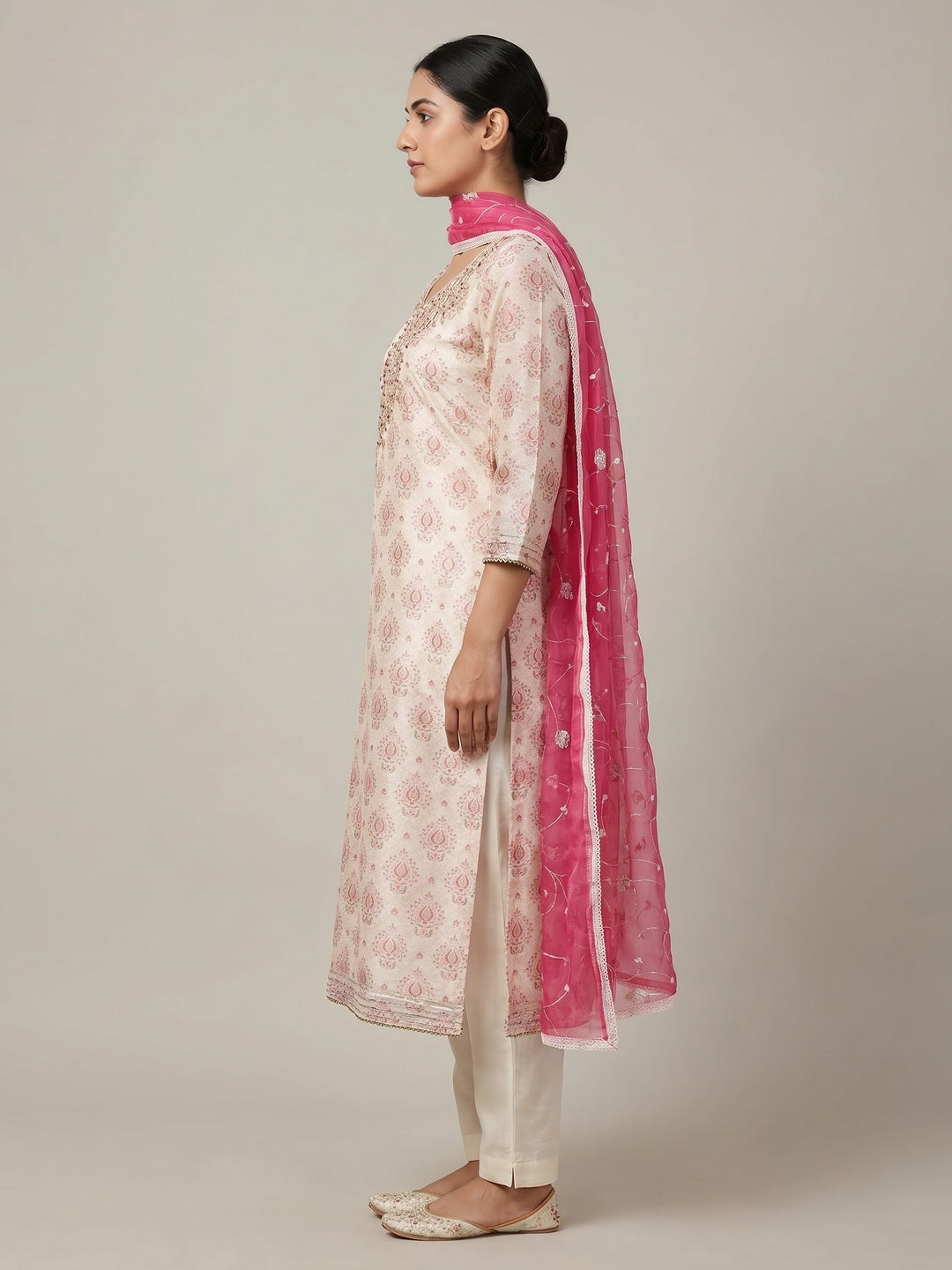Off White & Pink Printed Chanderi Silk Dress Material - Image 2