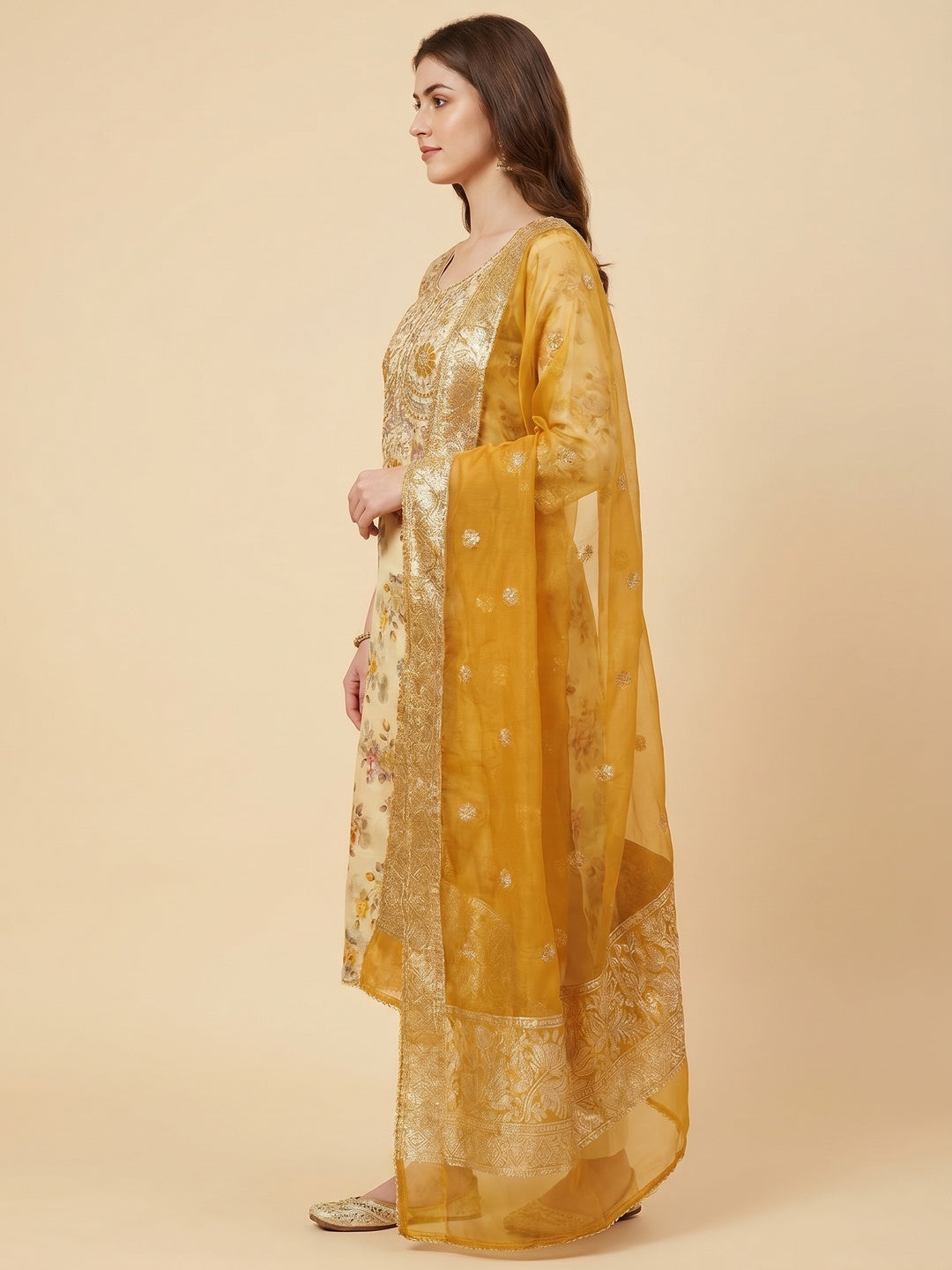 Cream Floral Woven Banarasi Silk Dress Material - Image 2