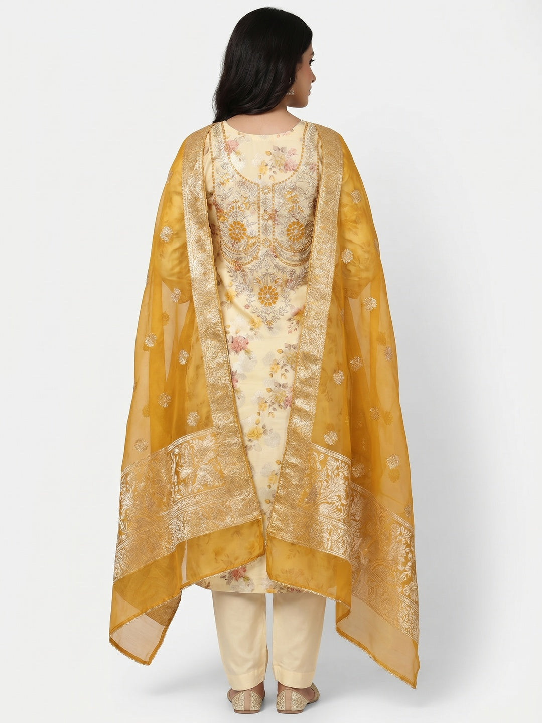 Cream Floral Woven Banarasi Silk Dress Material - Image 3