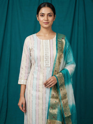 White Striped Woven Pure Cotton Dress Material - Image 1