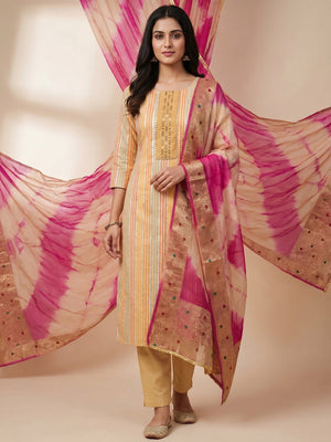 Beige Striped Woven Pure Cotton Dress Material - Image 1