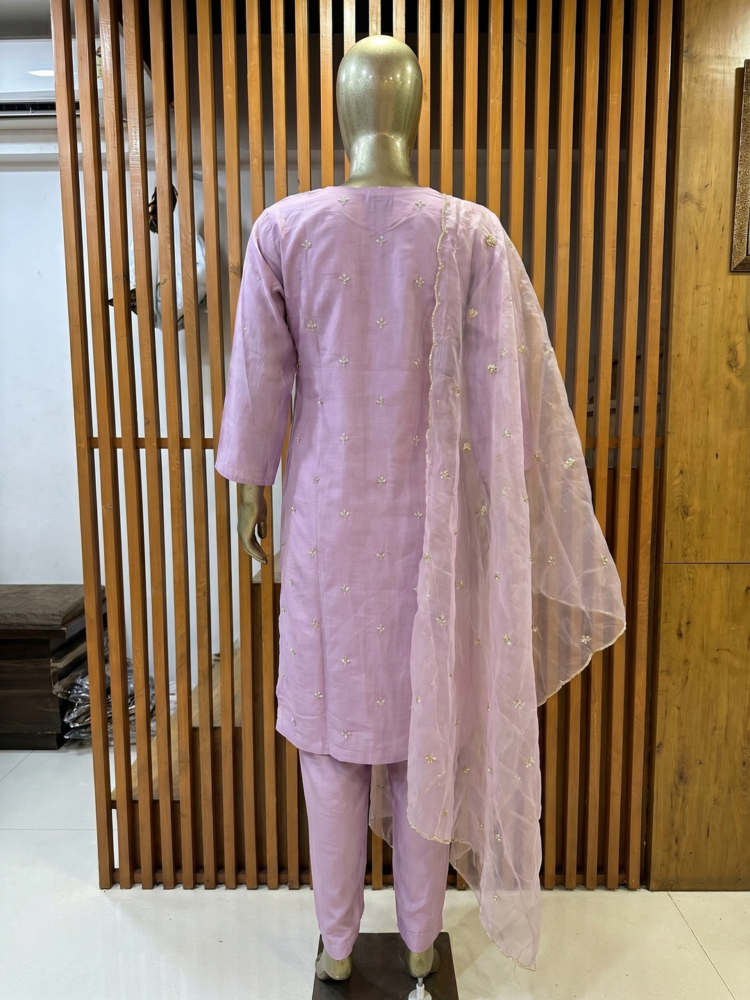 Lavender Embroidered Pure Silk Straight Salwar Suit - Image 5