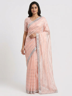 Peach Embroidered Chiffon Saree With Sequins Border - Image 1