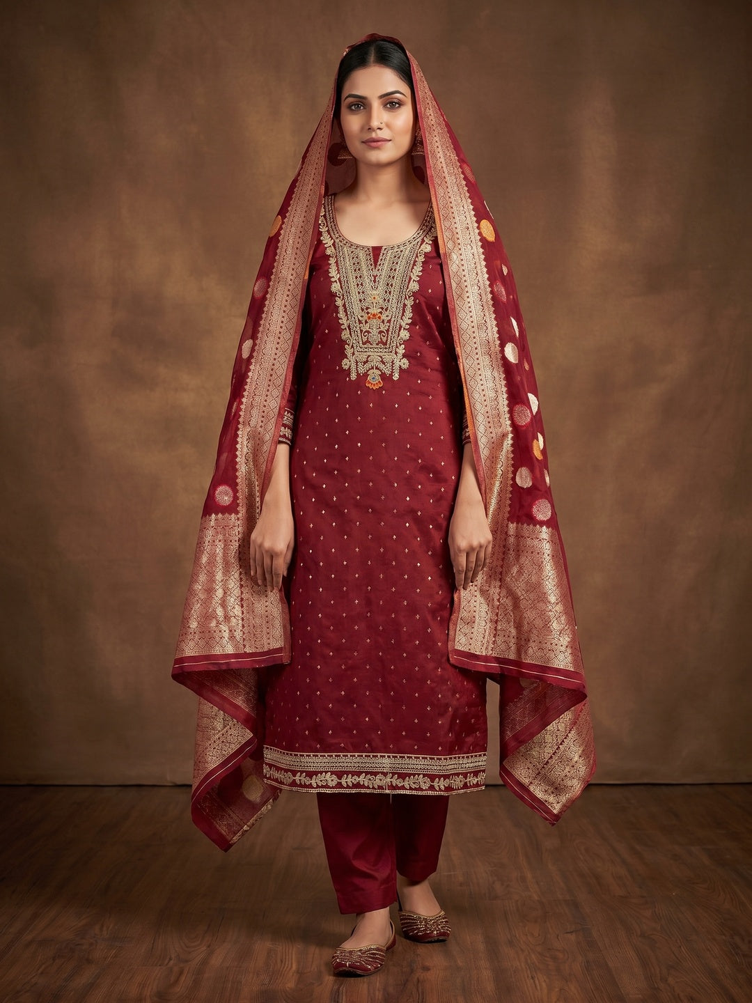 Maroon Butti With Embroidered Chanderi Dress Material - Image 1