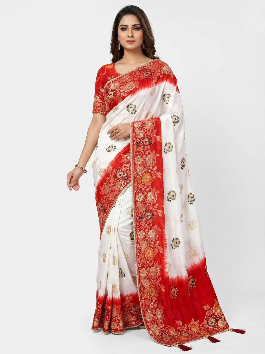 White Floral Woven Pure Silk Saree With Tassels - Image 2