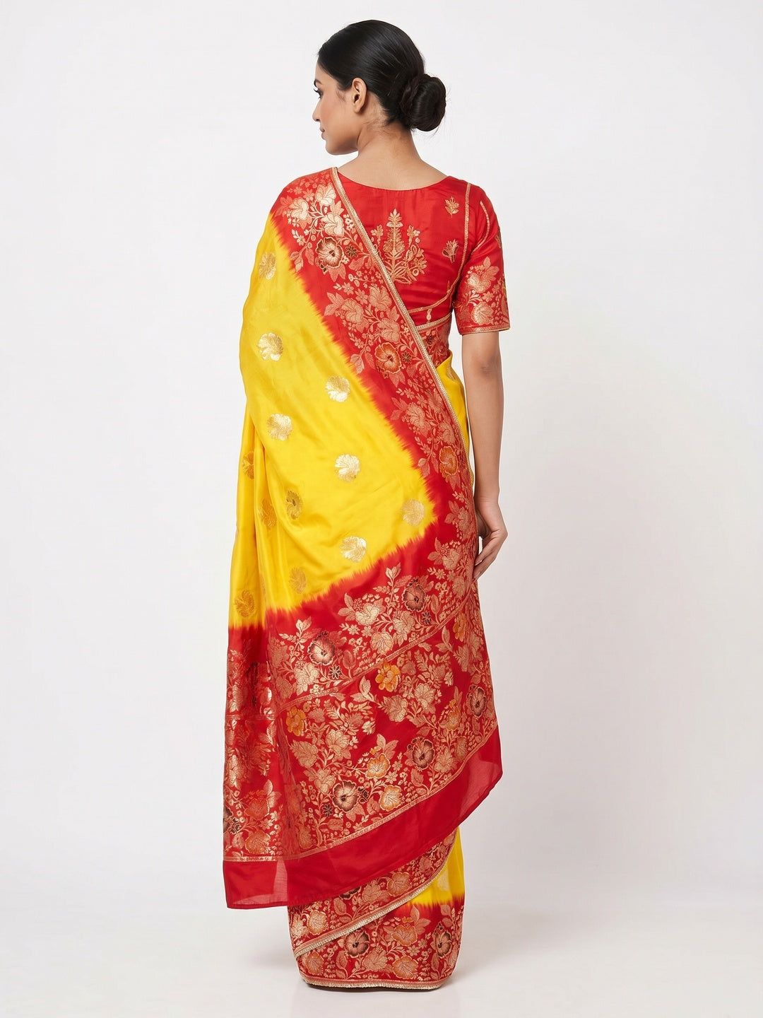 Yellow Floral Woven Pure Silk Saree With Tassels - Image 2