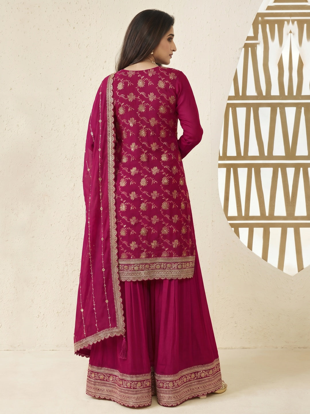 Rani Pink Floral Sequins Embroidered Chinon Semi Stitched Sharara Suit - Image 1